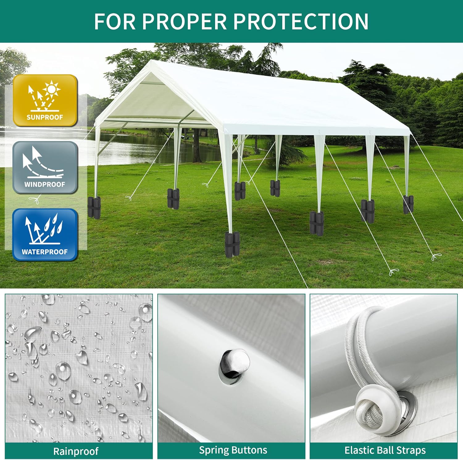 YITAHOME 10' x 20' Carport Heavy Duty Galvanized Frame Car Shelter Car Canopy with 4 Sandbags, Portable Garage Tent Boat Shelter, White