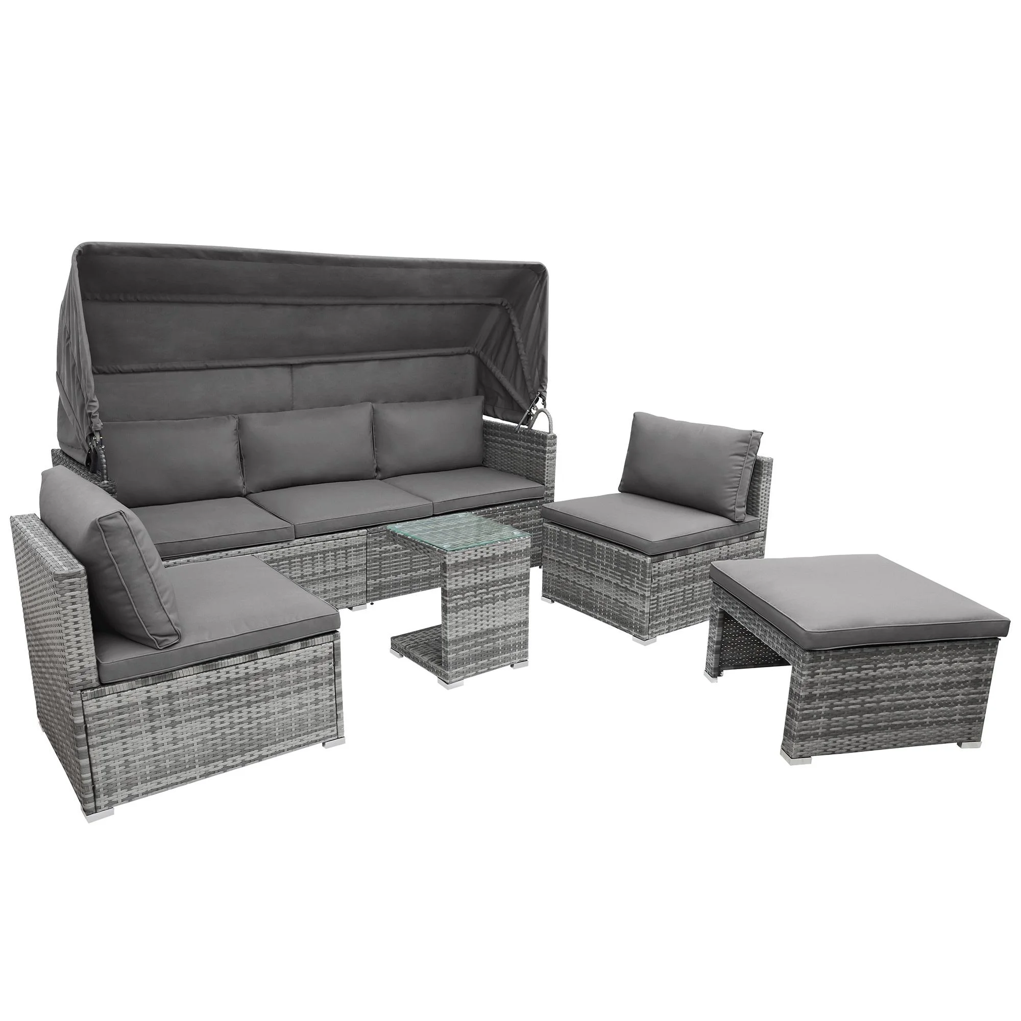 Seizeen 5 Pieces Patio Outdoor Daybed, Rattan Sectional Conversation Sofa Set with Retractable Canopy, Patio Sectional Bed with Side Table, Outdoor Sunbed with Cushions and Pillows