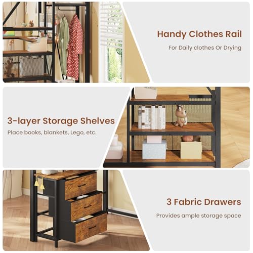 Itaar Stairway Twin Size Loft Bed with L Shaped Desk and Wardrobe, Metal Loft Bed Frame with Storage Stairs,3 Fabric Drawers, LED Lights & Charging Sation,No Noise & No Box Spring Needed, White