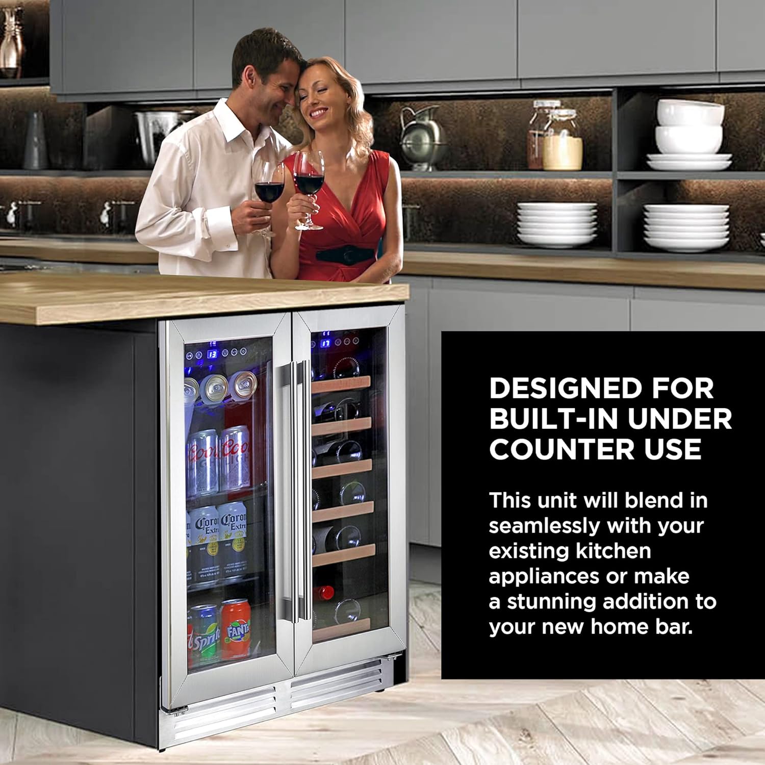 Koolatron 24 In Built-In Under-Counter Dual Zone French Door Wine and Beverage Fridge w/lock, 56 Can and 18 Bottle Capacity, Digital Temperature Control, Stainless Steel Door Frame Wine Cooler