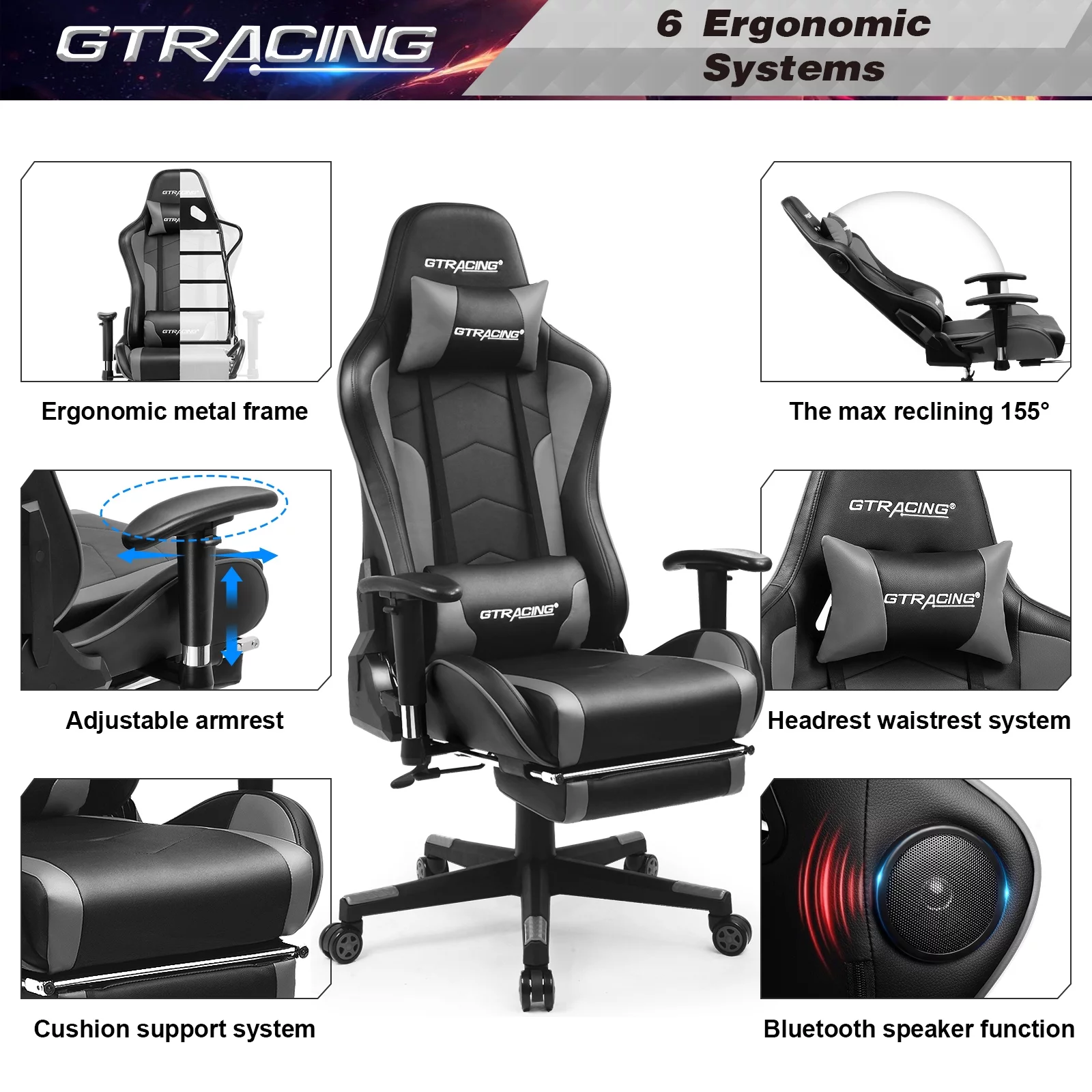 LUCKLIFE Gaming Chair with Speakers Bluetooth and Footrest in Home PU Leather Office Chair, Gray