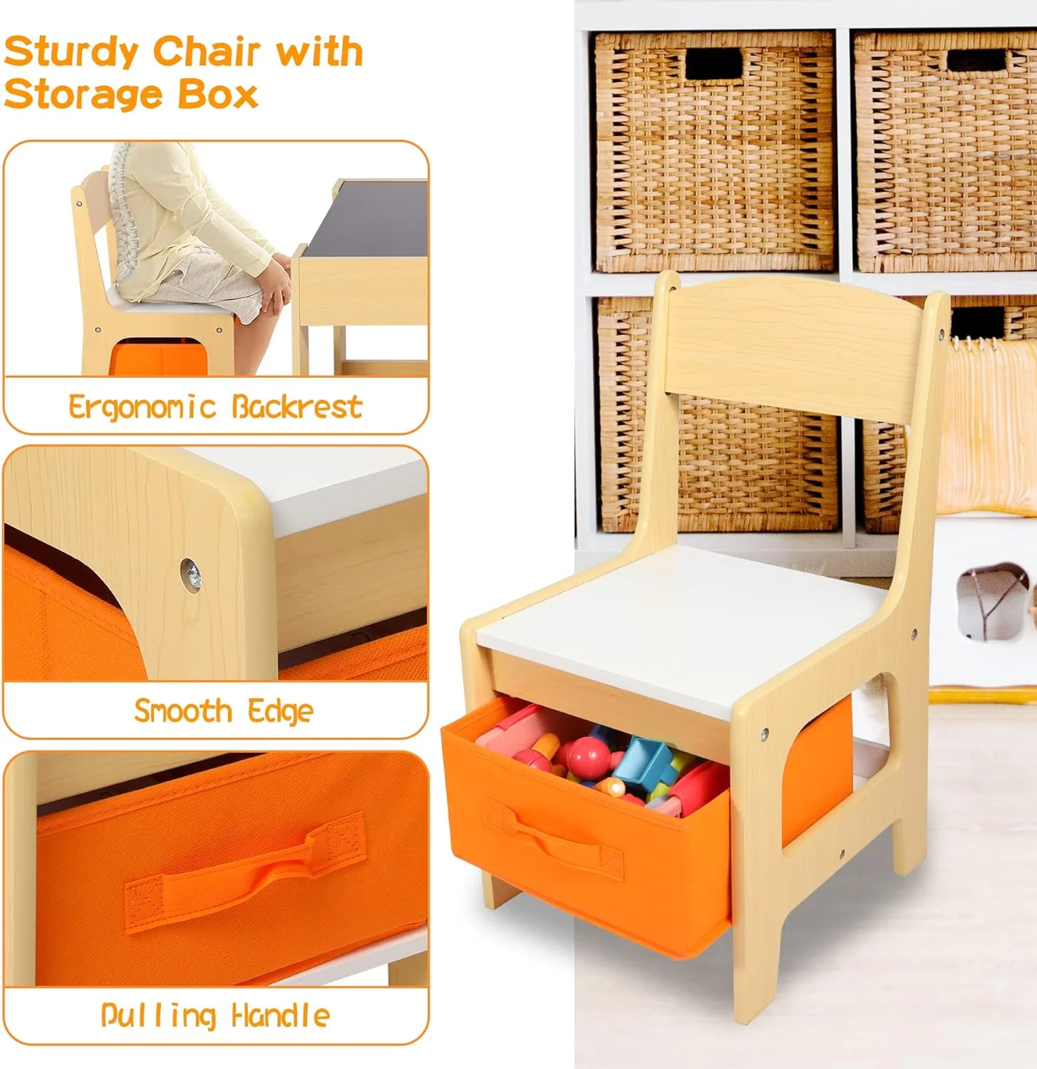 REDCAMP Kids Table and Chair Set, Wooden Activity Table with 2 Chairs,Storage Drawers,Activity Art Table for Toddler Drawing, Reading, Crafts, Play,（Natural）