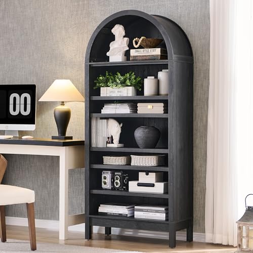 71" Tall Arched Bookshelf, 7 Tiers Arch Bookcase with Storage, Modern Farmhouse Book Shelf with Adjustable Shelves, Wood Bookshelf w/Open Display Shelves for Living Room, Office (Natural)