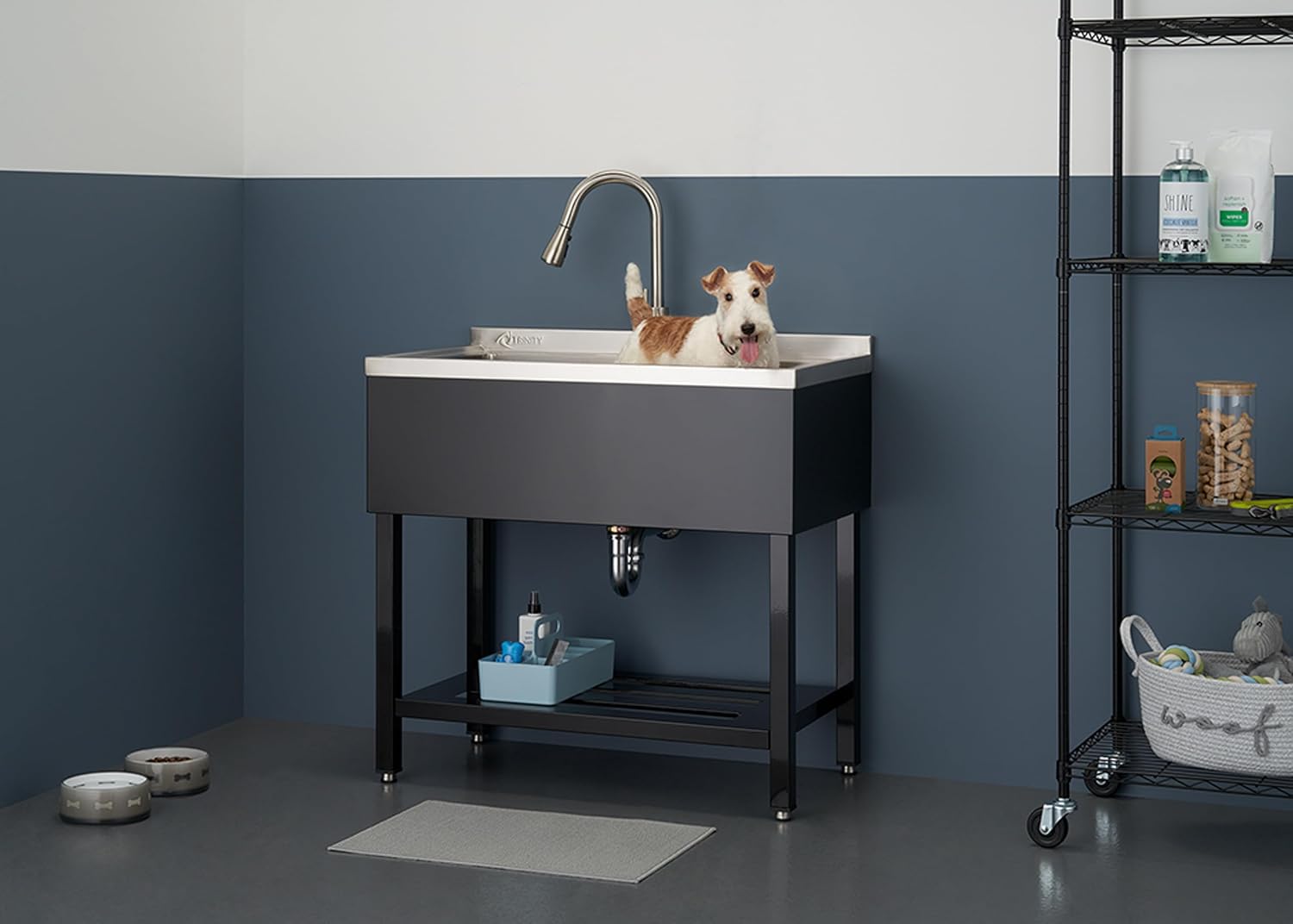 TRINITY THAPBK-0323 Stainless Steel Freestanding Single Bowl Utility Sink for Garage, Laundry Room, and Commercial Use, Includes Pull-Out Faucet, NSF Certified, 36" x 20" x 49", Black