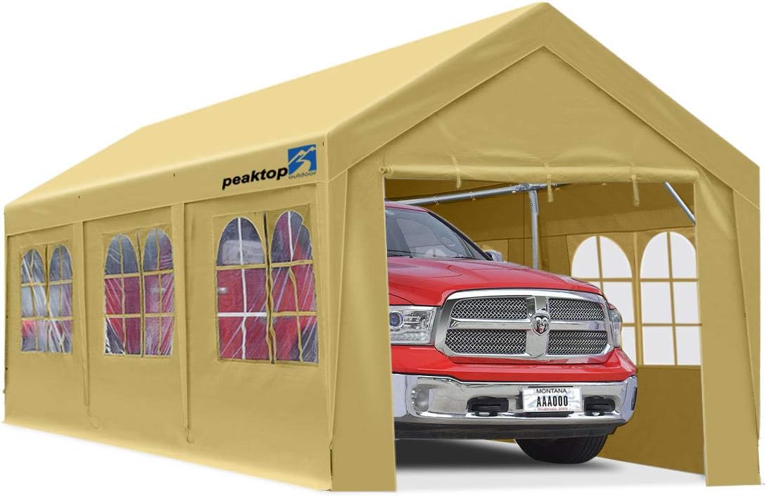 PEAKTOP OUTDOOR 10 x 20 ft Upgraded Heavy Duty Carport Car Canopy with Removable Sidewalls, Portable Garage Tent Boat Shelter with Reinforced Triangular Beams and 4 Weight Bags,White