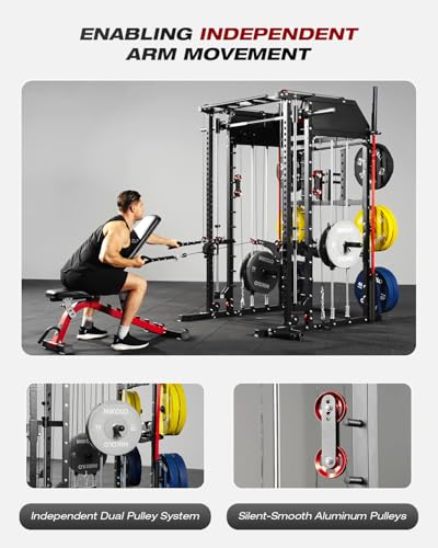 Mikolo Smith Machine, Multi-Function Power Cage with Dual Pulley System, Vertical Leg Press Attachment, Squat Rack Power Rack with More Training Attachment for Home Gym