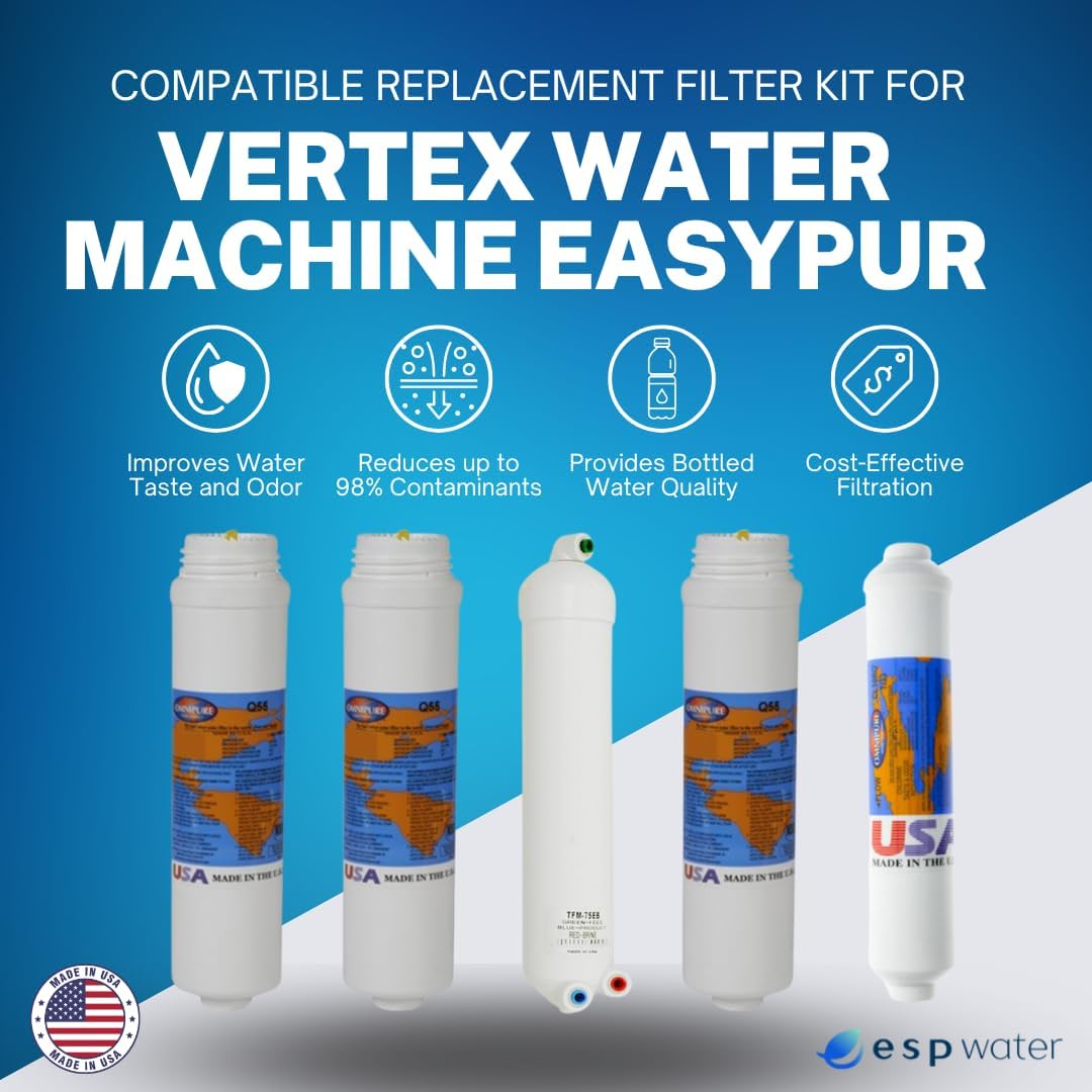 Filter Replacement Kit for Vertex Water Machine EasyPur Reverse Osmosis System with 75 GPD RO Membrane Included