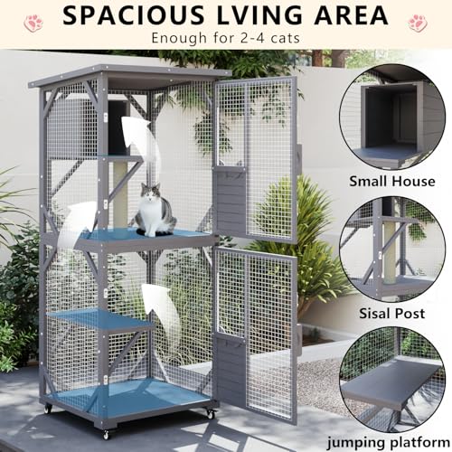 LEMBERI Cat House Outdoor Catio Cat Enclosures on Wheels, 71" Large Outside Patio Wooden Cat Cage Resting Box,Scratching Post, Waterproof Roof (Gray, 71")