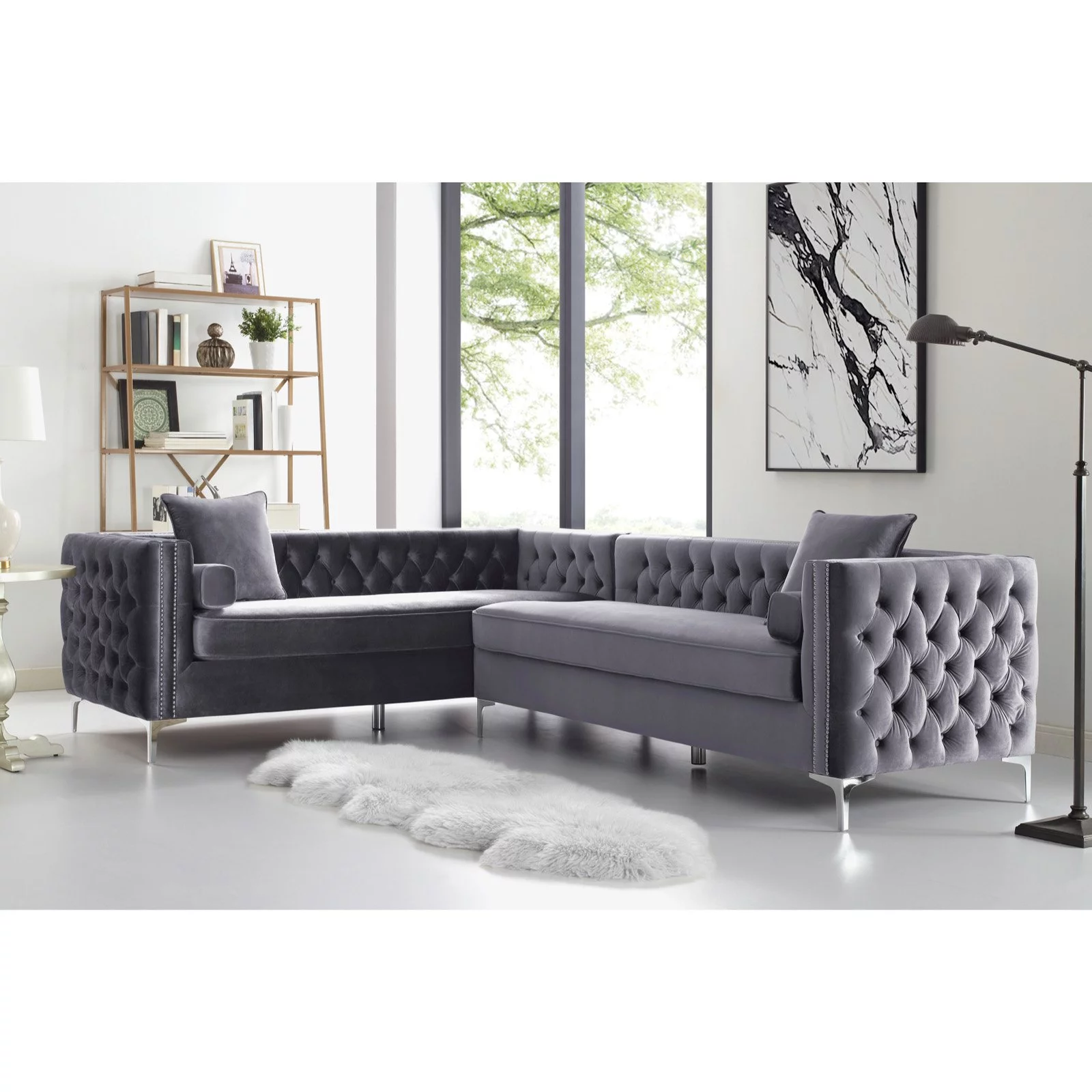 Inspired Home Sania Velvet Corner Sectional Sofa 120" Right Facing Button Tufted Nailhead Trim, Grey