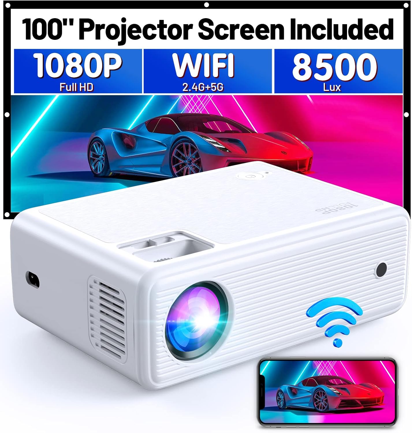 CLOKOWE Mini WiFi Projector, 2022 Upgraded 5G HD Movie Projector with Synchronize Smartphone Screen, Native 1080P Portable Projector Include 100" Screen, Compatible with iOS/Android/TV Stick/HDMI/USB