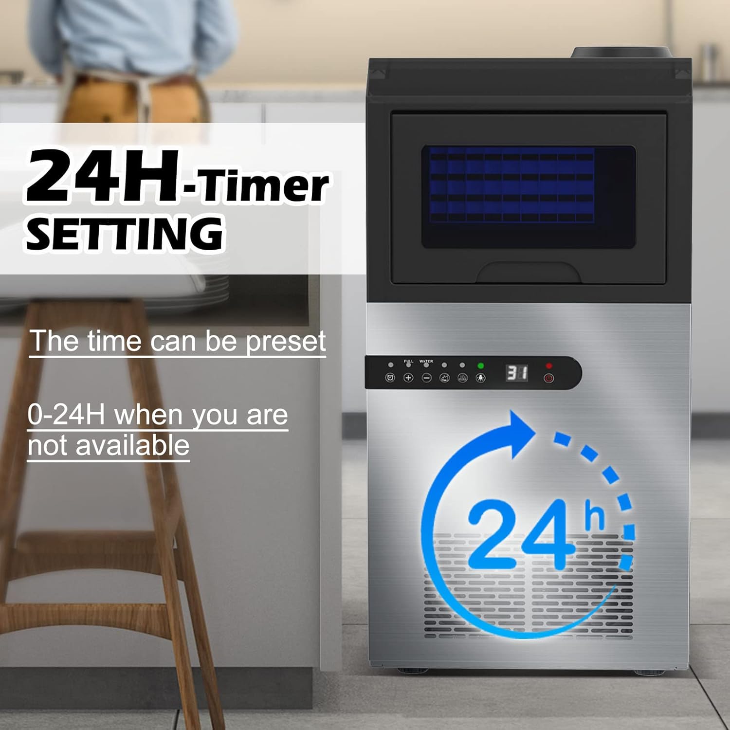 Commercial Ice Maker Machine, 100Lbs/24H Ice Production Under Counter Ice Maker, Tap Water & Top Loading Freestanding Ice Machine, 45 Ice Cubes/Cycle, Include Ice Scoop, Connection Hose