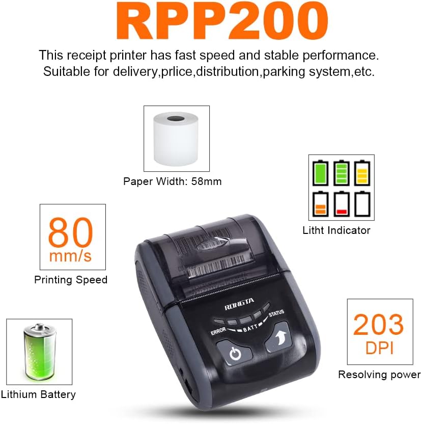 Rongta Portable Receipt Printer Mini 58mm Mobile POS Direct Thermal Printer with Bluetooth+USB, Compatible with iOS, Android, Windows, Do Not Square, RPP200 (Grey) Pack of 2