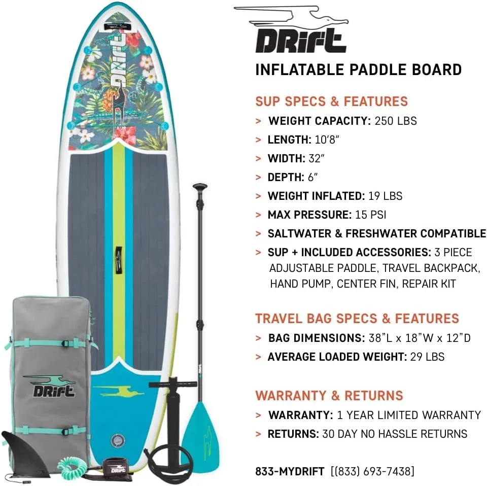 Drift Aero Inflatable Stand Up Paddle Board - SUP Paddle Board & Accessories, Including Pump, Paddle, and More - Native Floral, Adult, 10'8"