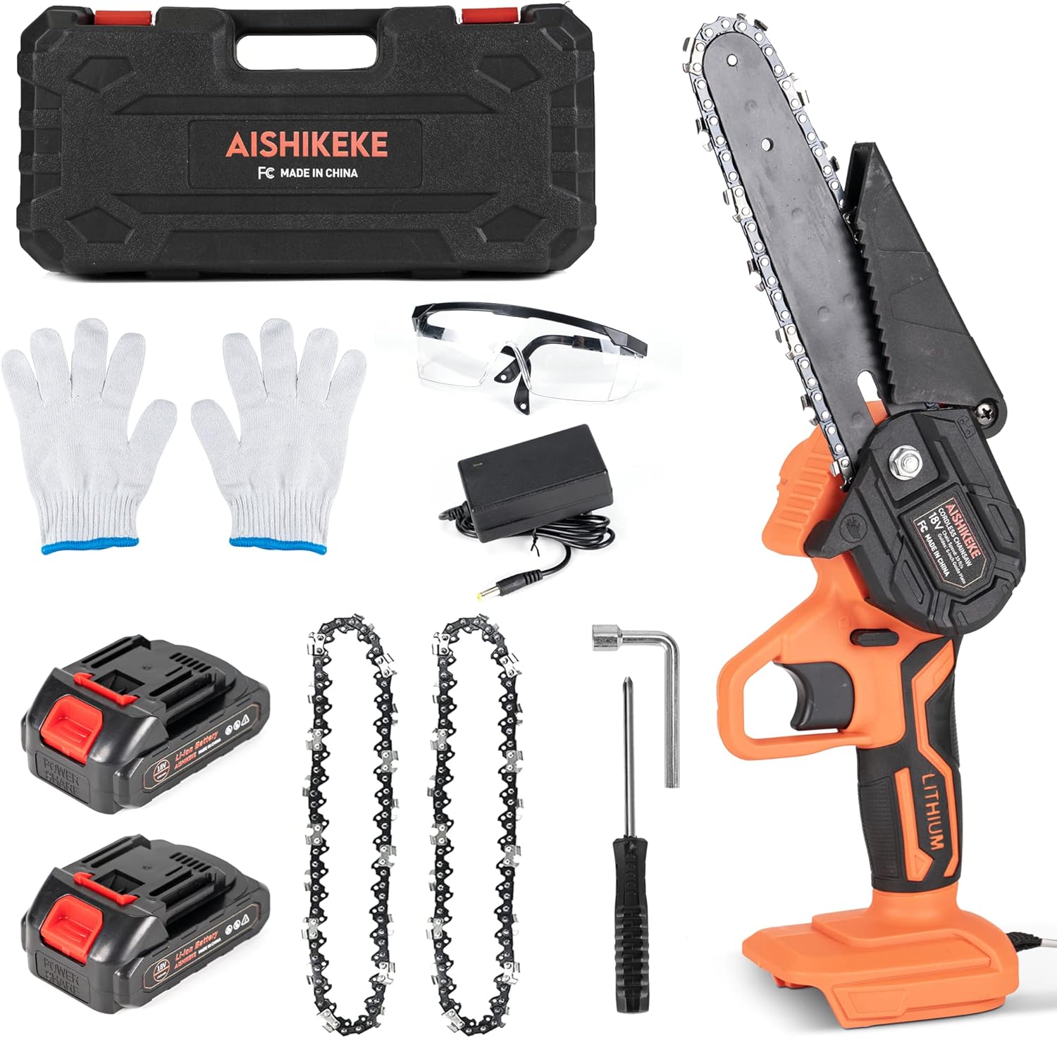 Mini Chainsaw 6 Inch, AISHIKEKE Cordless Power Chainsaw with 2 Rechargeable Battery, Portable One-Hand Handheld Small Pruning Saw with Security Lock for Tree Trimming Wood Cutting Pack of 2