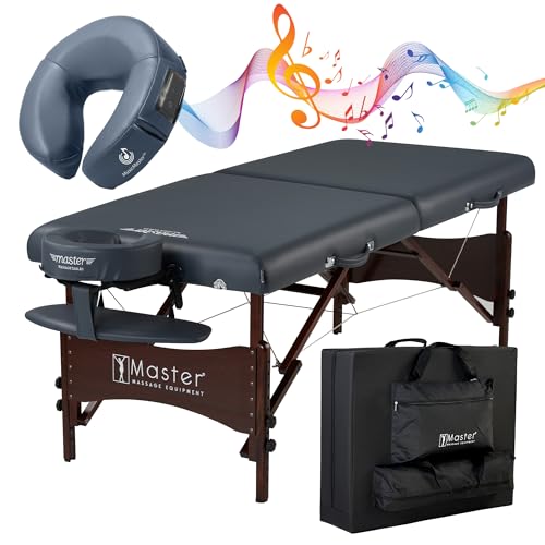 Master Massage Newport Portable Massage Table Package with Denser 2.5" Cushion, Walnut Stained Hardwood, Steel Support Cables, Pillows & Accessories, Black, 30"