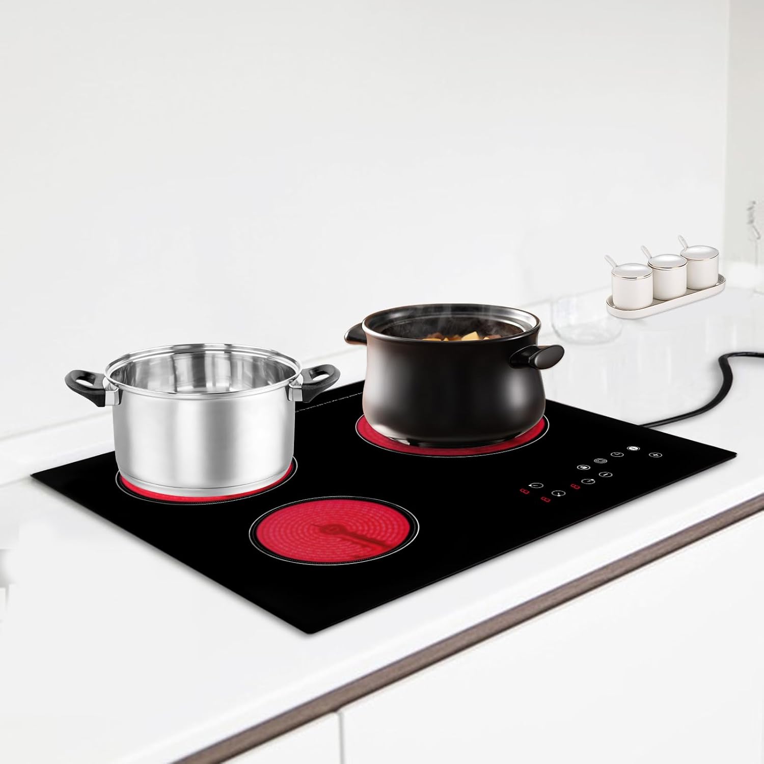 3 Burner Electric Cooktop 110v, 23 Inch Portable Electric Stove Cooktop with LED Display, Child Safety Lock and Timer, 2600W 9 Power Level Electric Ceramic Built-in Cooktop (No Plug)