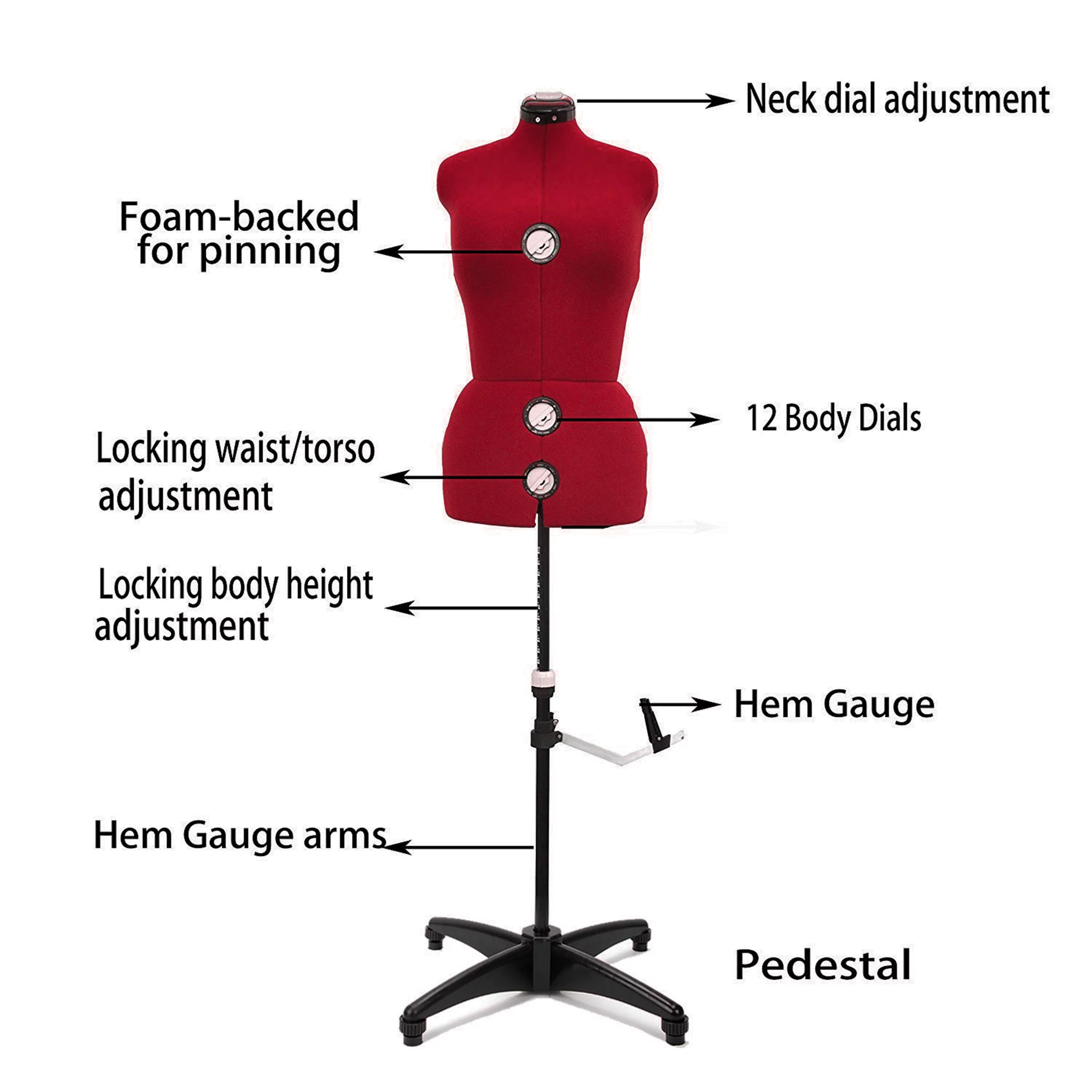 GEX 13 Dials Female Fabric Adjustable Mannequin Dress Form for Sewing, Mannequin Body Torso with Stand, Up to 70" Shoulder Height Red (Large)
