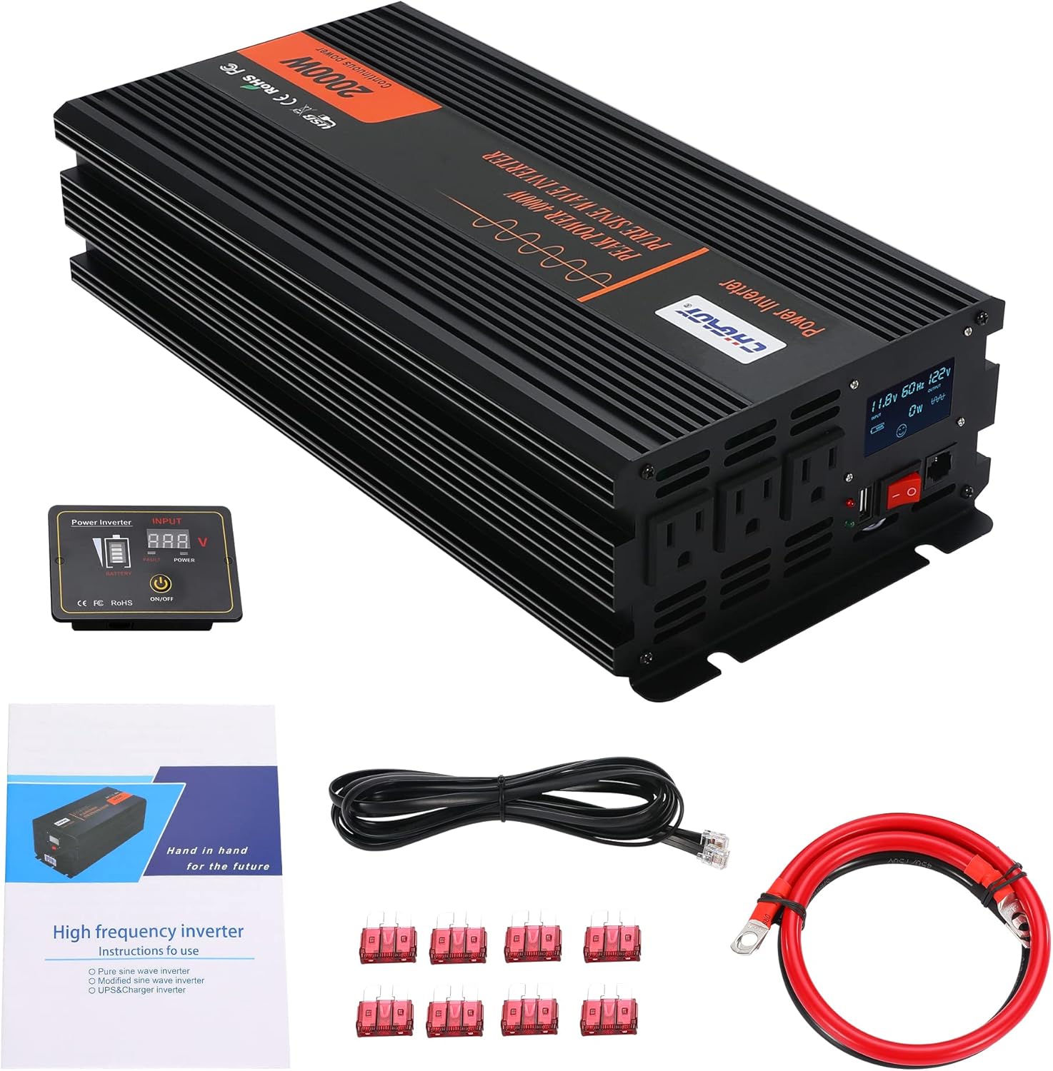Power Inverter, 2000W Pure Sine Wave Inverter DC 12V to AC 120V Car Inverter with LCD Digital Display Remote Control USB Port Power Converter for Travel/Camping