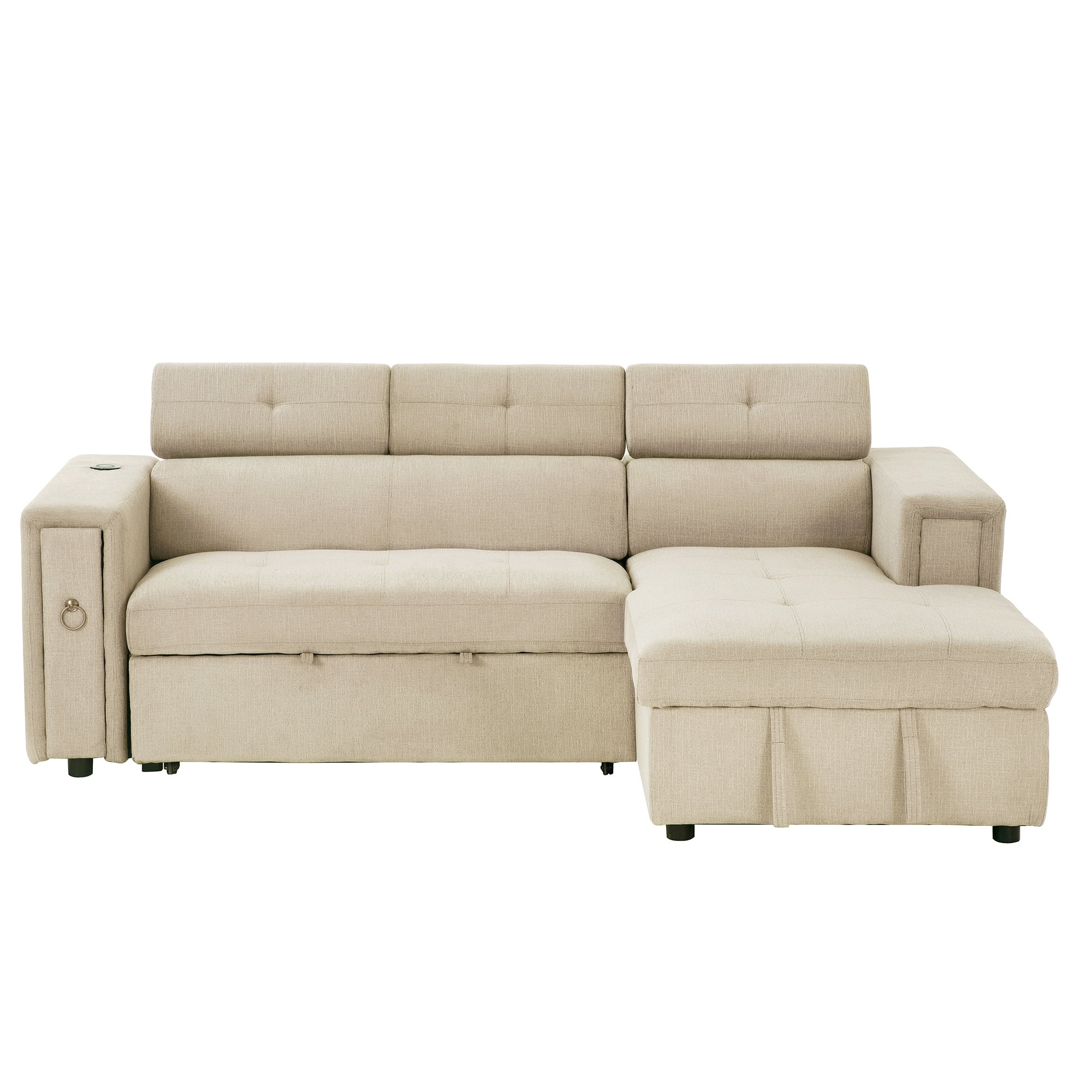 Soges 96" L-Shape Pull-Out Sofa Bed 3 Seat Sleeper Sofa with Adjustable Headrest, Wireless Charging, Cup Holders and Hidden Storage for Living Room, Bedroom, Office, Beige
