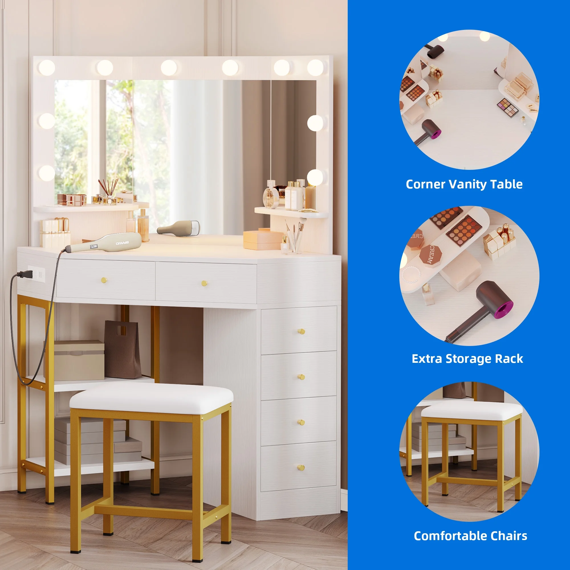 Dextrus Corner Vanity Desk With Lights & Mirror, Makeup Vanity with Shelf & 6 Drawers, Vanity Dressing Table for Makeup,Modern Desk Vanity for Bedroom, White