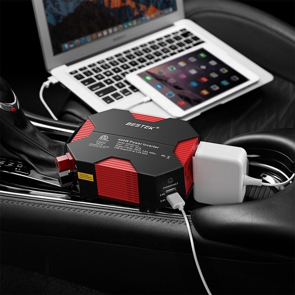 BESTEK 400W/500W DC 12V 110V Inverter with 4 USB Charging Ports, Power Converter with 2 AC Outlets Battery Clip Charger, Car Adapter (Upgrade Version) Pack of 2