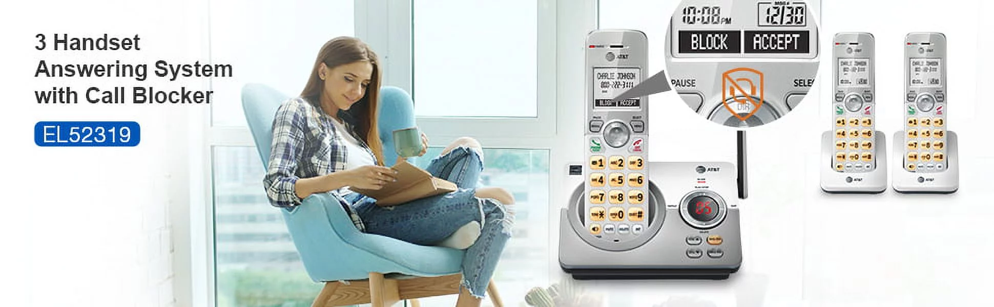 AT&T EL52319 Expandable Cordless Phone with Unsurpassed Range, Answering System and Caller ID, 3 Handsets, White/Silver