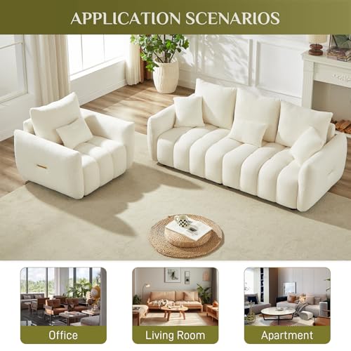 2 Piece Teddy Cloud Sofa Couch Set, Modern Deep Seat 3 Seater Boucle Sofa & Single Sofa Chair, Cozy Upholstered Sherpa Living Room Furniture Set for Apartment Office, Black