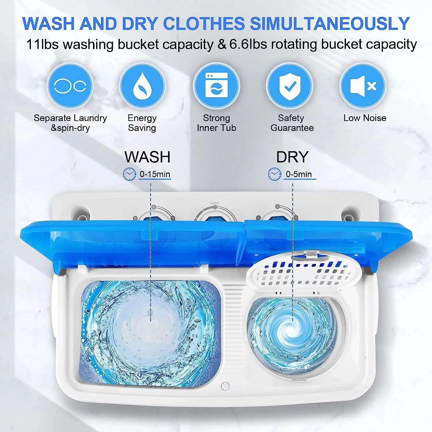 Qhomic Mini Washing Machine, 11lbs Washer & 6.6lbs Spin Dryer Combo Washing Machine, Compact Washer Machine with Drain Pump&Time for dorm, RV's, Home