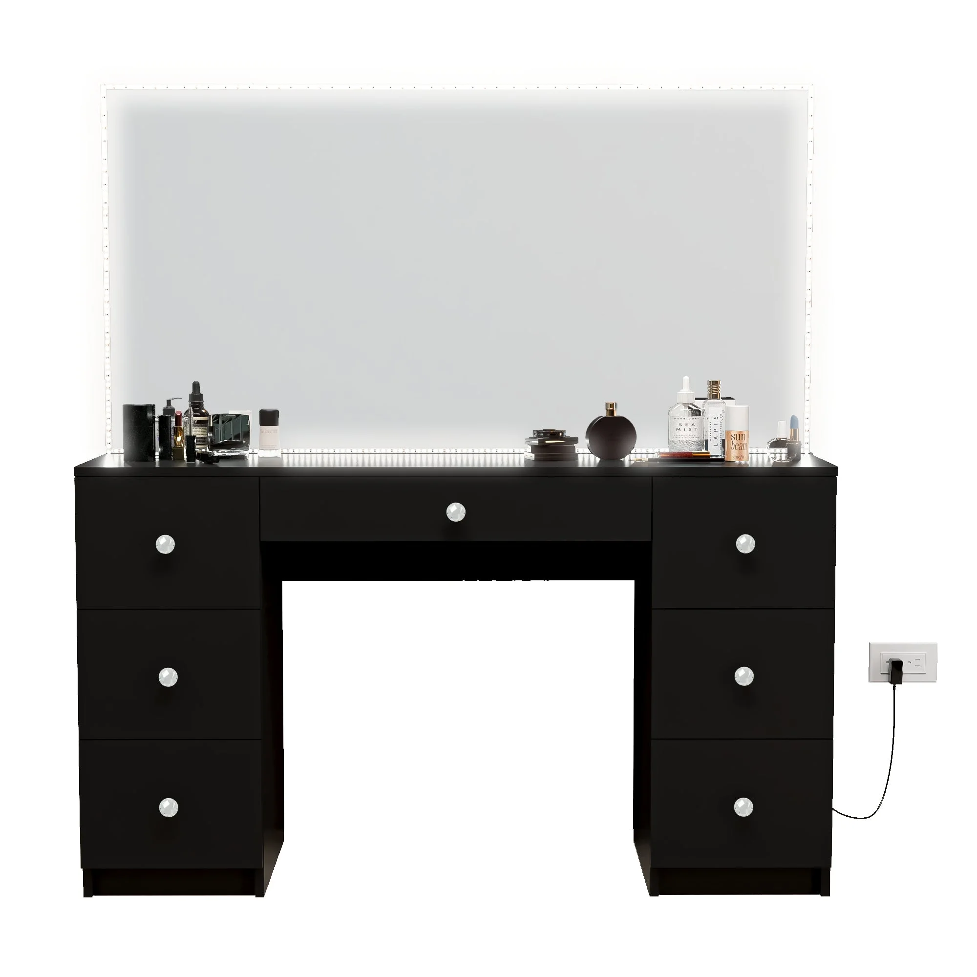 Boahaus Sabrina Modern Black Vanity Desk with LED Lights, Crystal Ball Knobs, for Bedroom
