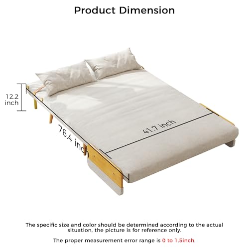 3-in-1 Convertible Chair Bed Sleeper for Adults, Linen Convertable Sleeper Chair with Wooden Arms & Pillows, Foldable Single Futon Sofa Bed (Mid Century with Walnut Arm, 36.6" Wide)