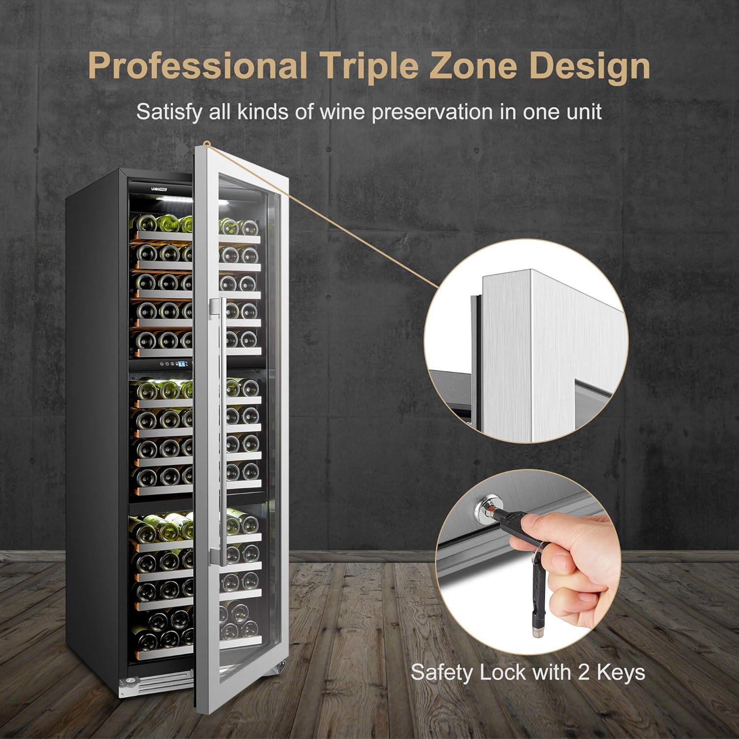 Wine Cooler Refrigerator 143 Bottle Triple Zone Wine Fridge, Seamless Stainless Steel Trimmed Door, 24 Inch