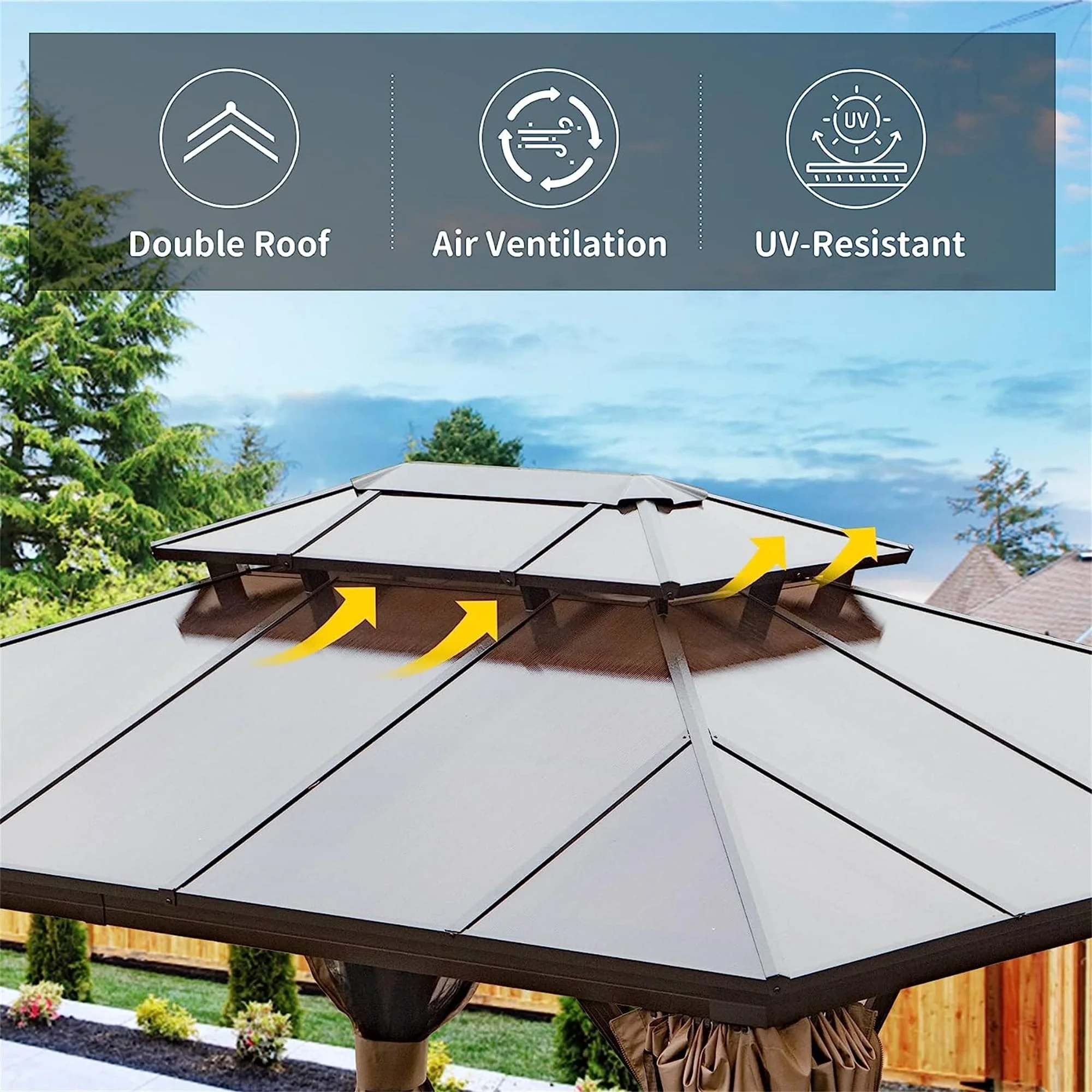 Outdoor Gazebo Double Roof Permanent Hardtop Pergola with Bug Netting and Curtains,Brown