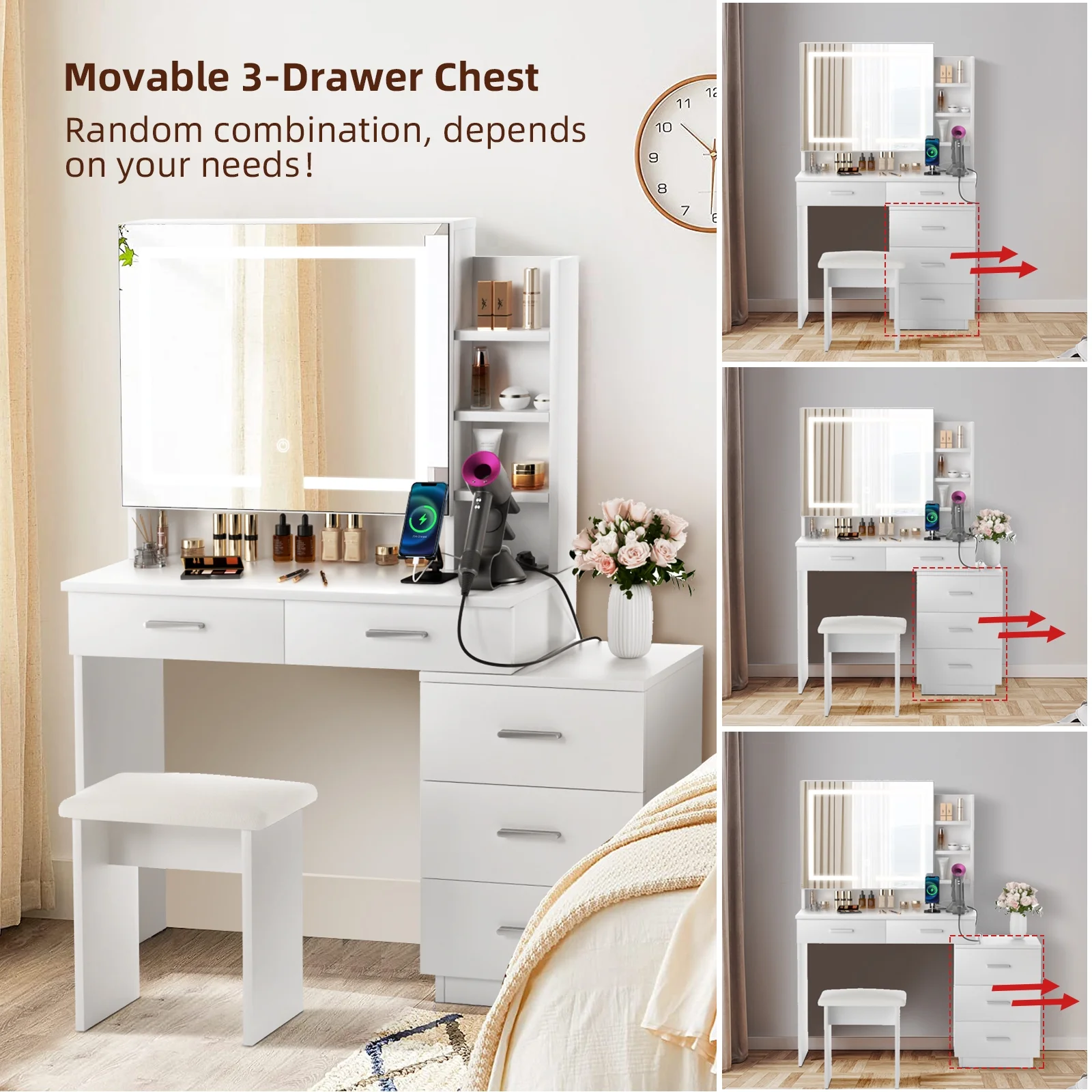 Large Makeup Vanity Desk with Sliding Lighted Mirror Power Outlet Movable 3-Drawer Chest and Shelves White