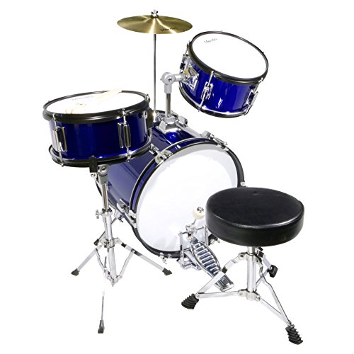 Mendini By Cecilio Kids Drum Set, 3 Piece Junior Drum Set for Beginners with Bass Tom Snare Drum, 16 inch Drum Kit with Snare, Cymbal, Drumsticks, Adjustable Seat (Metallic Red)