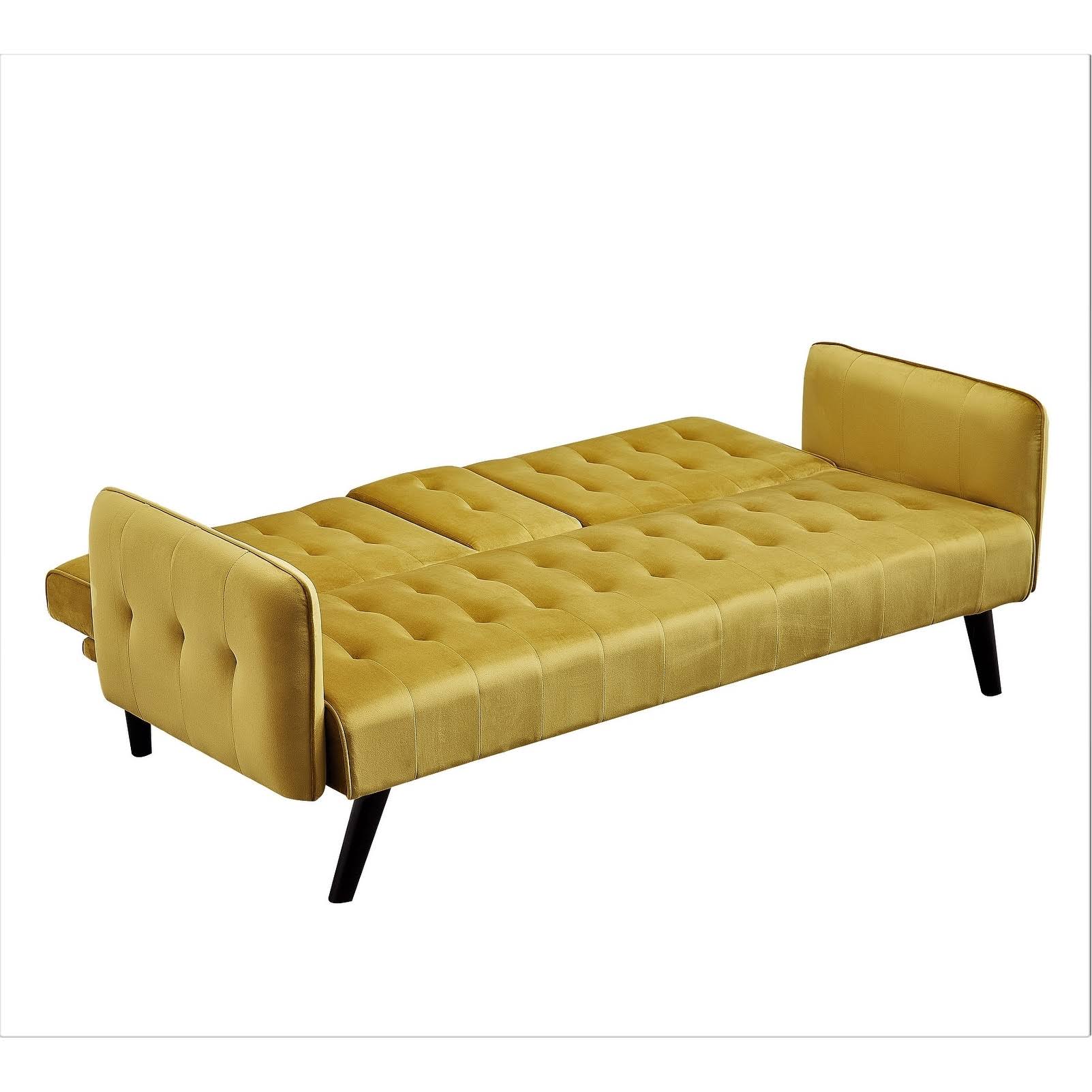 US Pride Tufted Convertible Velvet Sofa Bed with Cup Holder - Yellow