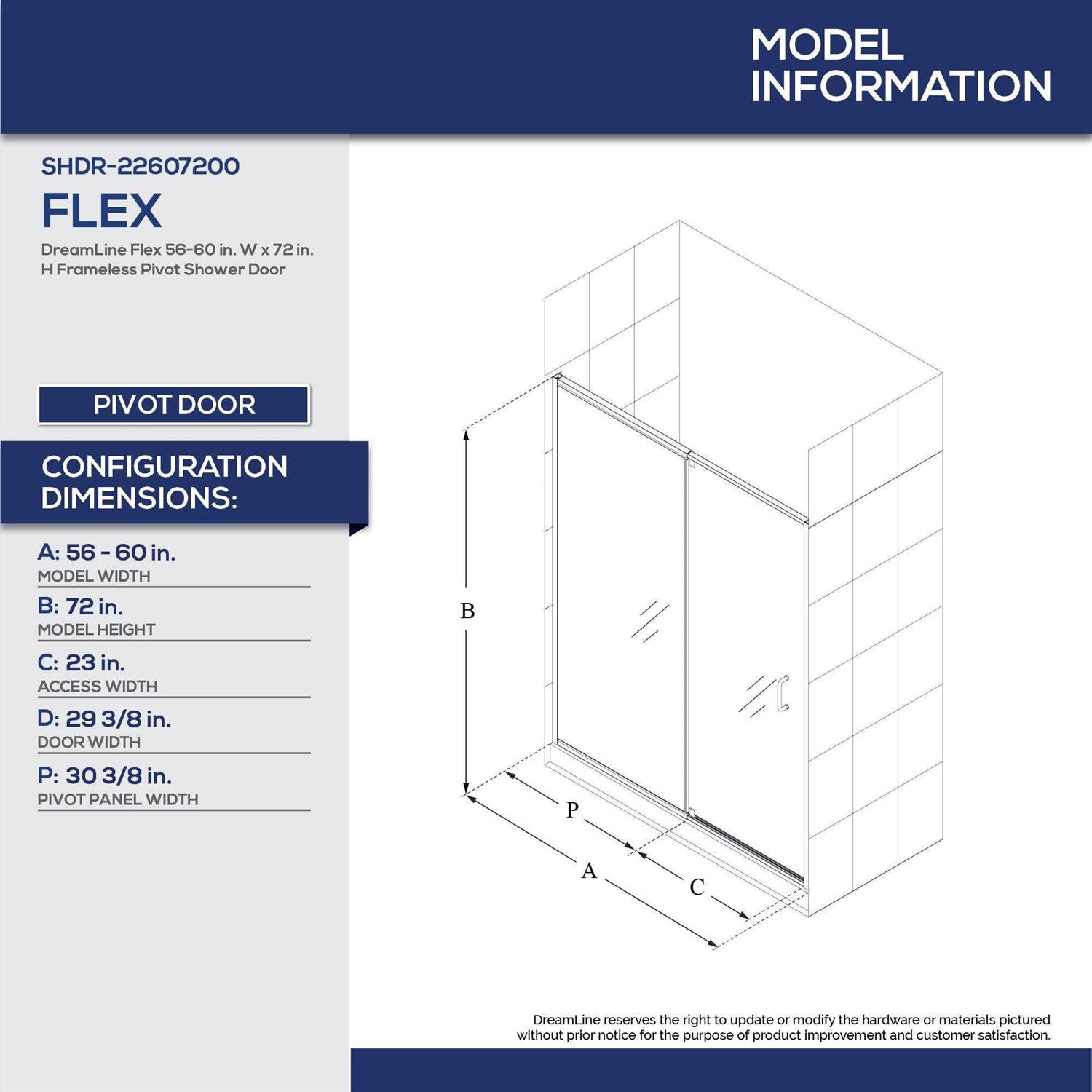 DreamLine Flex 56-60 in. W x 72 in. H Semi-Frameless Pivot Shower Door SHDR-22607200-01 - Shop Hardware Tools Online Store