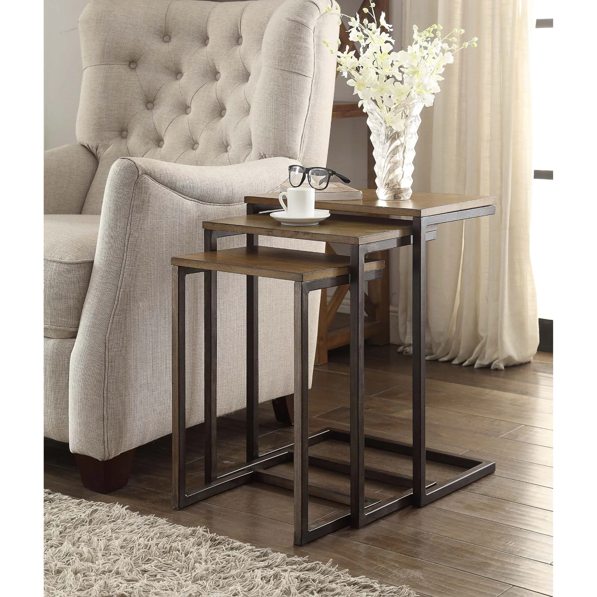 Contemporary Home Living Set of 3 Brown and Black Nesting Tables with Mango Wood Top 23.5"