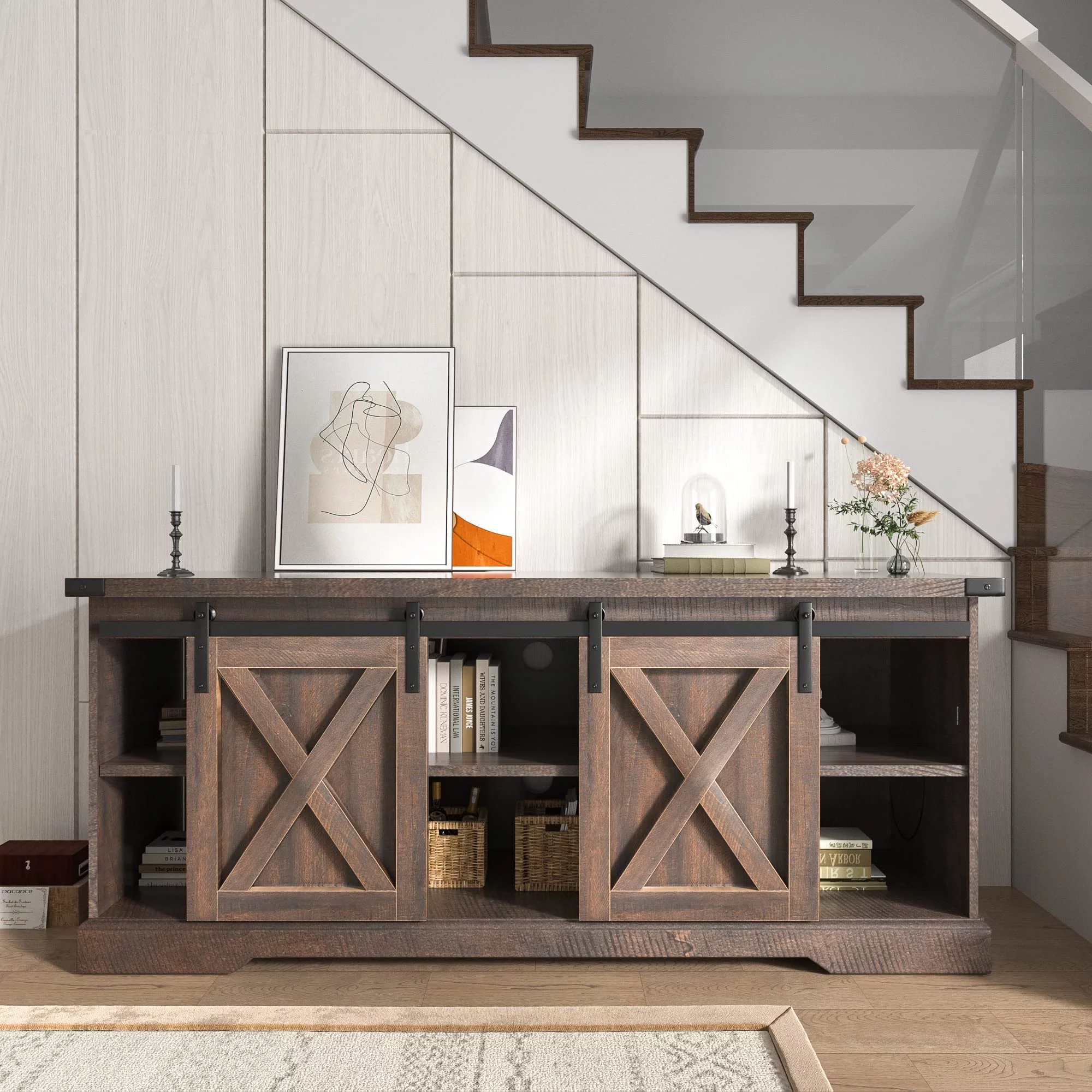 Chvans Farmhouse Barn Door TV Stand for up to 65 TVs /23 Electric Fireplace, Entertainment Center Console Table with Adjustable Shevles(58)