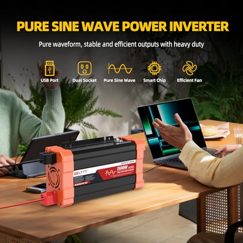 BELTTT 2000W Pure Sine Wave Inverter, Car Power Inverter 12V to 120V AC Converter for RV, Truck, Solar, Outdoor with Dual AC and 20A Socket, 5V 2.1A USB, Surge 4000W, Hardwire Port, Remote Controller