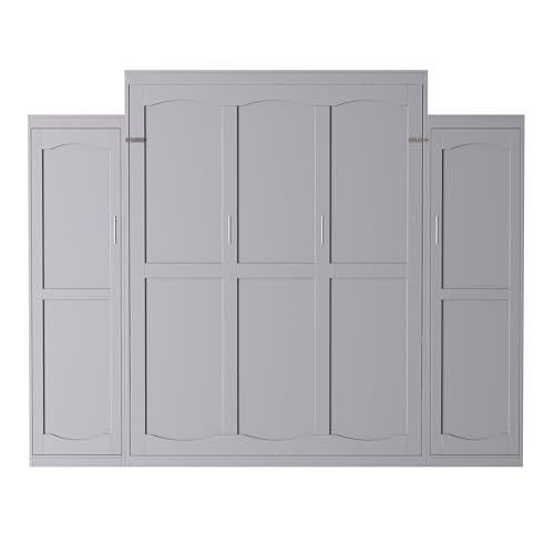 KLMM Wooden Murphy Bed Wall Bed with 2 Wardrobe and Storage Shelf,Foldable Platform Bedframe for Guest-Room Bedroom Study Office Use (White#E, Full)