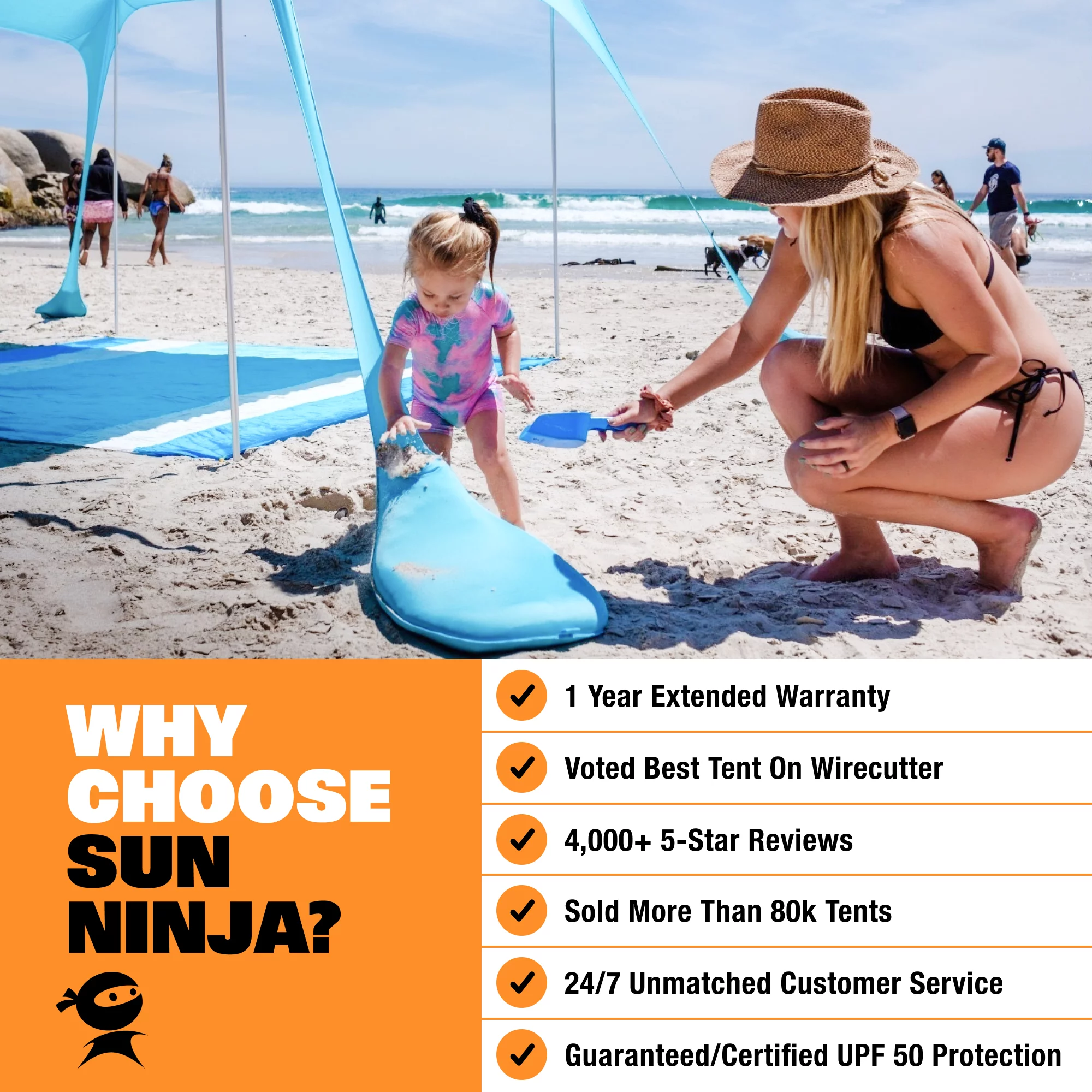 SUN NINJA Pop Up Navy Blue Beach Tent UPF50+ with Shovel, Pegs & Stability Poles