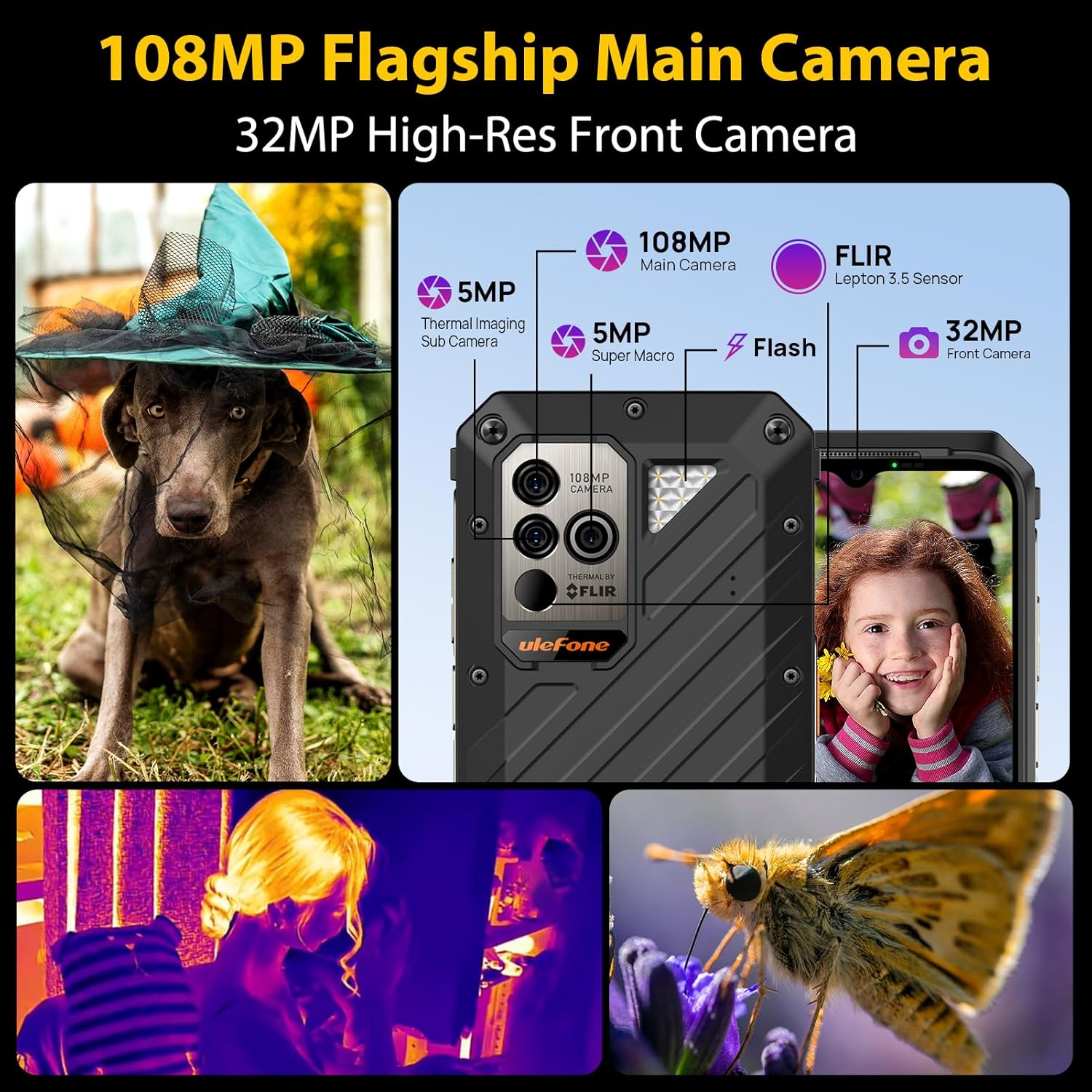 Ulefone Power Armor 18T Ultra 5G Rugged Phones, Thermal Image Camera, 24GB(12+12)+512GB MTK Dimensity 7050, 108MP Camera, 9600mAh, Android 13, uSmart Connector, Wireless Charge Unlocked Phone