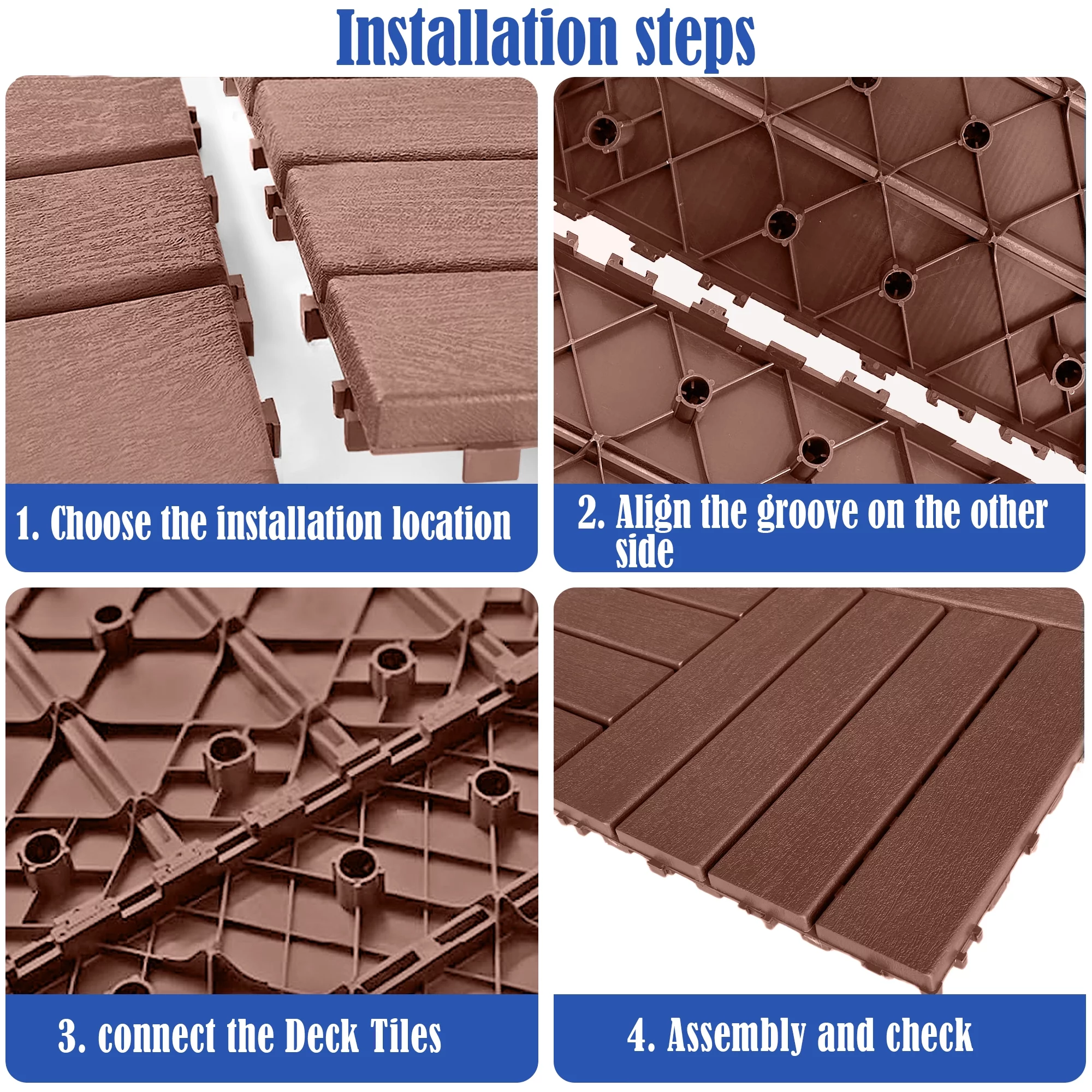 iRerts Patio Interlocking Deck Tiles, 44 Pack Plastic Patio Tiles, 12"x12" Square Waterproof Outdoor Flooring for All Weather Use, Garden Flooring Patio Tiles for Porch Balcony Backyard, Dark Brown