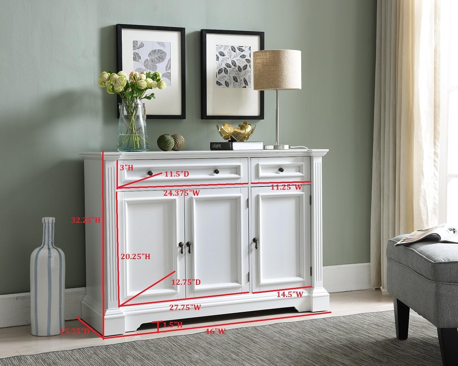 Kings Brand Furniture White Finish Wood Buffet Breakfront Cabinet Console Table With Storage, Drawers, Shelves