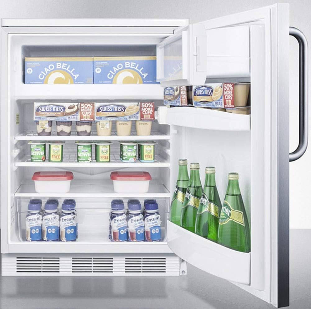 Summit Appliance CT66LWBISSTB Built-in Undercounter Refrigerator-Freezer for General Purpose Use with Lock, Dual Evaporator Cooling, Stainless steel Door, Towel Bar Handle and White Cabinet