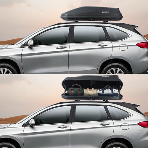 Gray Rooftop Cargo Box Carrier Large 13 Cubic Feet Car Top Mount Travel Luggage Storage, Dual Side Opening, Roof Cargo Boxes Waterproof Rooftop Storage Box Extra Keys, Straps