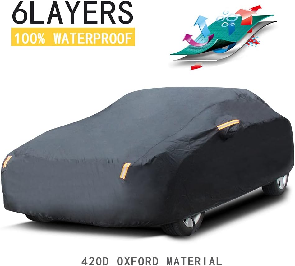 SLanguage Car Cover 420D Nylon Oxford Waterproof Fabric All Weather Outdoor Sun Rain Snow Wind Protection,192 x 72 x 59 inches(4.9X 1.85 x 1.5 Meters) Fit Sedan
