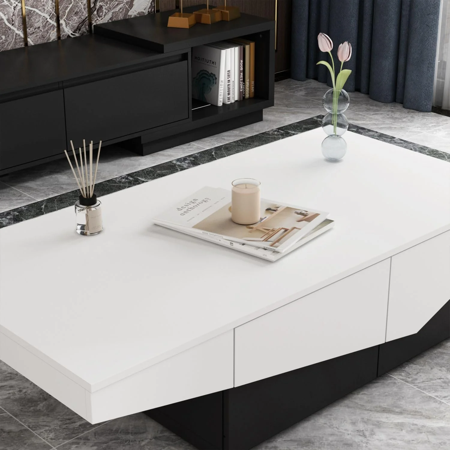 Modern Coffee Table with 4 Drawers, Central Table Living Room Coffee Table with Storage, White and Black Wood Coffee Table, Minimalist & Contemporary (47.2”W x 23.6”D x 12.4”H)