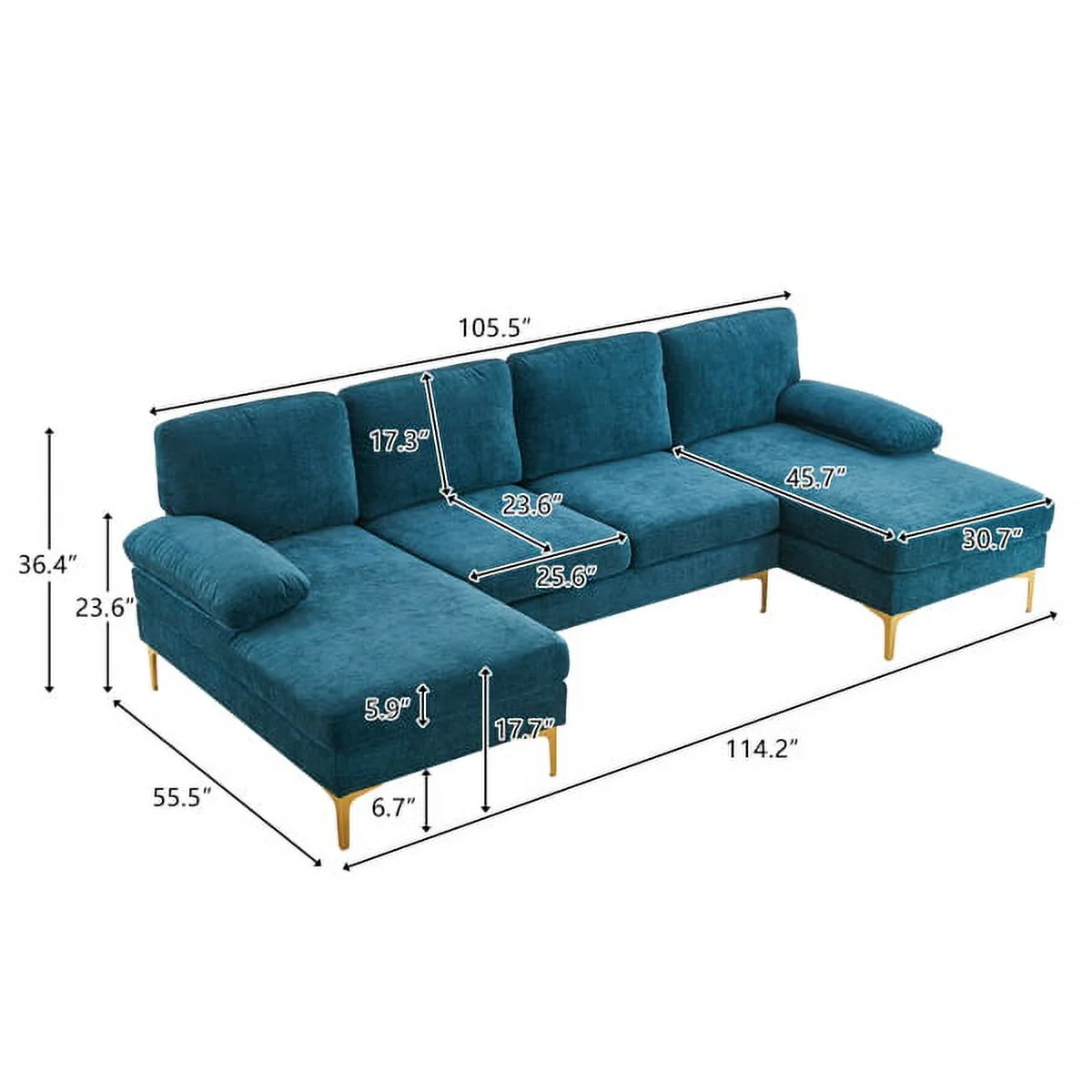 SYTHERS Convertible Sectional Sofa U-Shaped Couch 4-Seat Modern Chenille Sectional Sleeper Sofa with Memory Foam & Double Chaise & Comfortable Backrest, Oversized Seats, Dark Blue