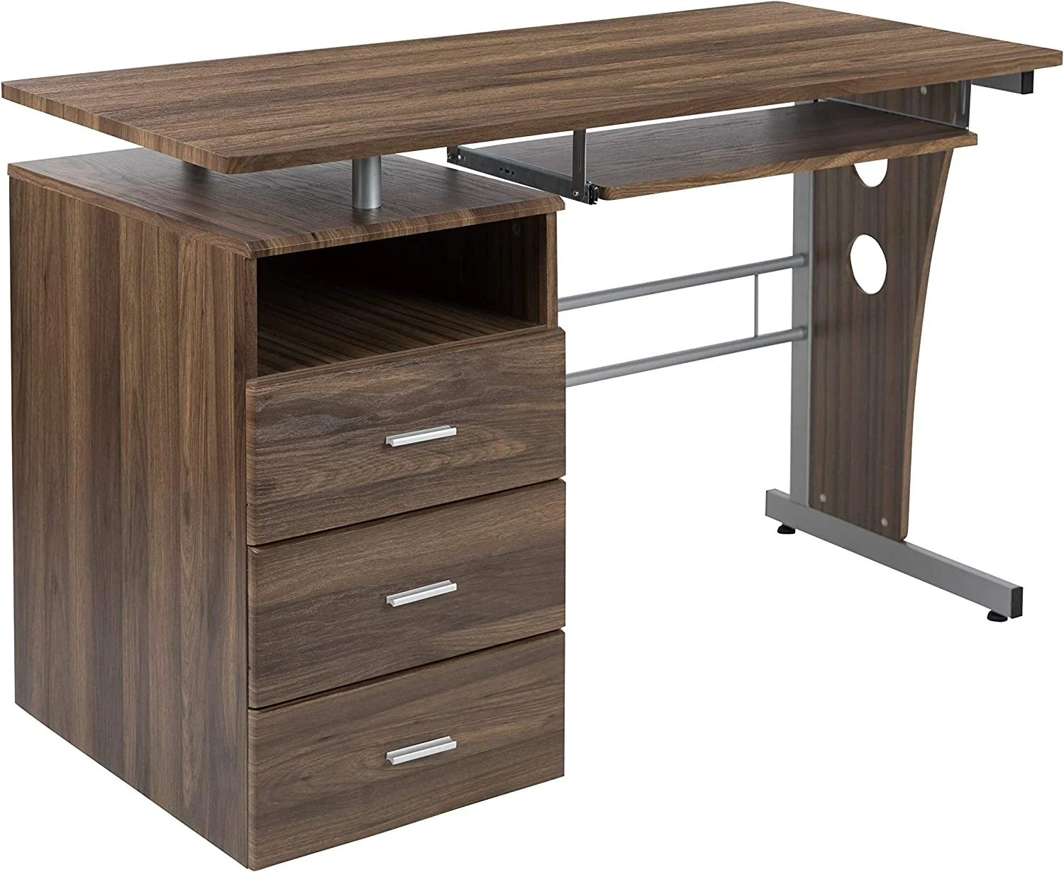 Rustic Walnut Desk With Three Drawer Single Pedestal And Pull-Out Keyboard Tray